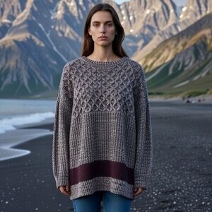 BDG Mixed Knit Pullover Sweater, Marled Brown and Purple, Size Small, Oversized